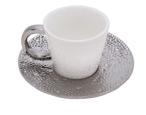 Cj 6 Xícaras p/ Chá c/ Pires de Porcela Drop Prata 200ml - Lyor