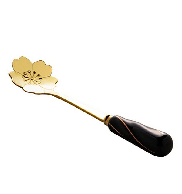 Conj. 4 Colheres Aço Inox P/ Chá Cabo Cerâmica Flowers Preto/ Dourado