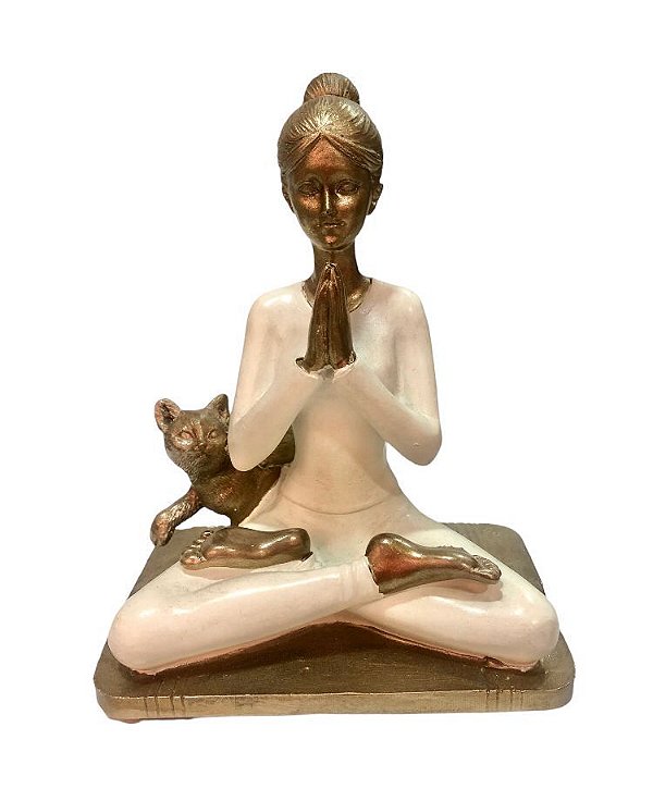Escultura Mulher Yoga Sentada  Com Gato - Mabruk