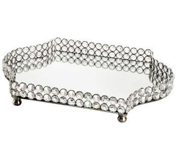 Bandeja Ferro e Cristais C/ Espelho Prateada  - Royal