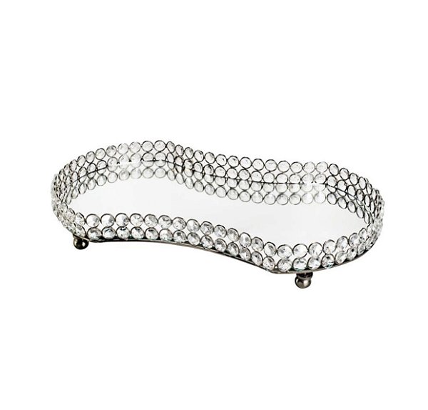 Bandeja Ferro e Cristais C/ Espelho Prateada  -  Royal