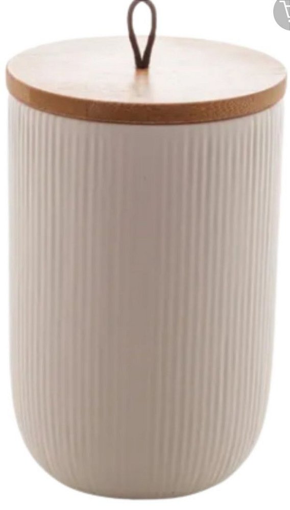 Potiche Decorativo de Cerâmica c/ Tampa Bambu C/ Pegador de Corda Lines Branco  10x10x15cm- Lyor