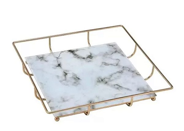 Bandeja Decorativa Metal e Vidro Dourada - Mabruk
