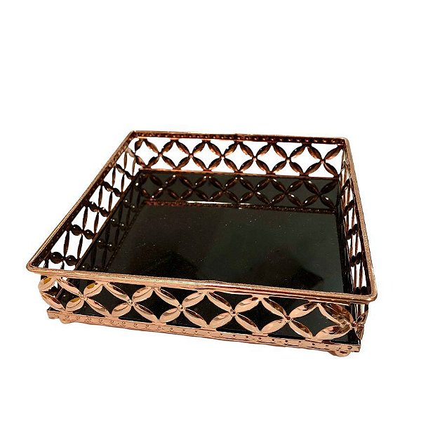 Bandeja Quadrada Rosê em Metal Pequena Com Espelho Preto - Mart