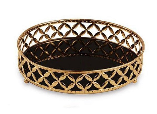 Bandeja Redonda Dourada em Metal Media com Espelho Preto - Mart