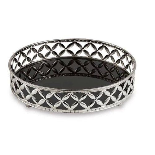 Bandeja Redonda Prata em Metal Media com Espelho Preto - Mart