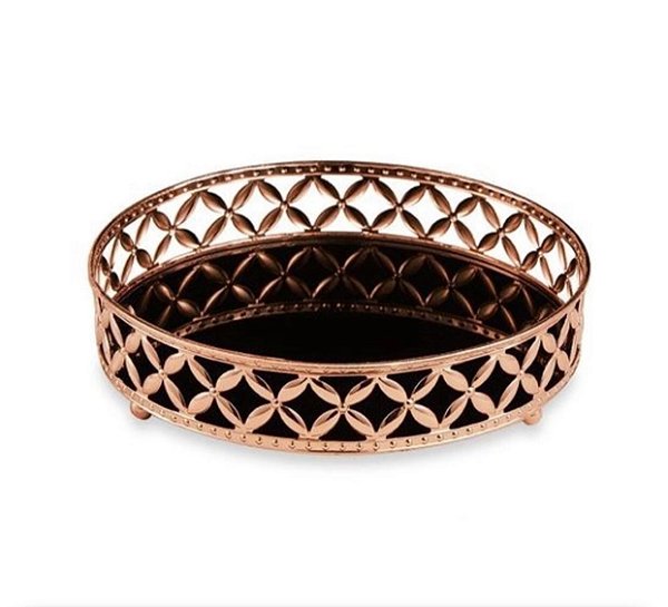 Bandeja Redonda Cobre em Metal Media com Espelho Preto - Mart