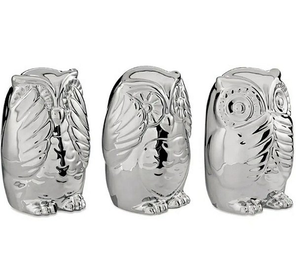Trio Corujas Cerâmica Prata - Mart