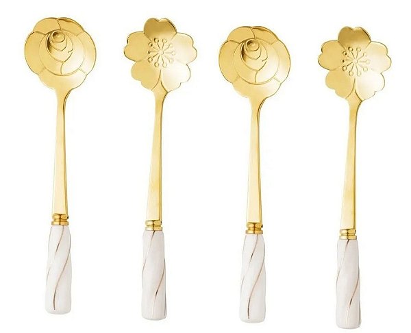 Cj 4 Colheres Aço Inox P/ Chá Cabo Cerâmica Flowers Dourado/ Branco