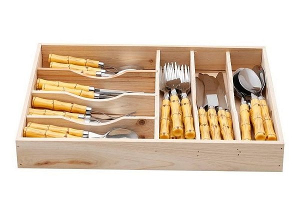 Faqueiro 42 Pçs Aço Inox C/ Cabo de Plástico Bambu Natural Luxo - Bon Gourmet