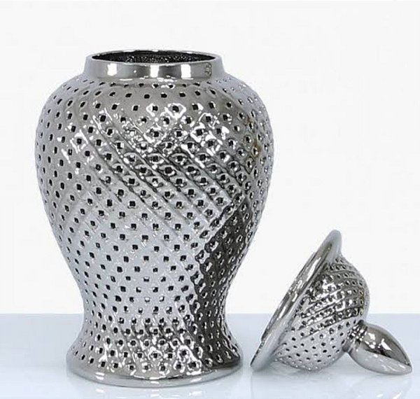 Vaso Potiche Cerâmica com Tampa Alto Prata com Recortes 47cm - D&A