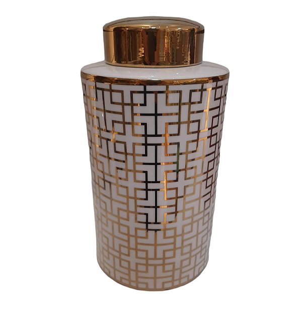 Vaso Cachepot Cerâmica Branco com Dourado - D&A