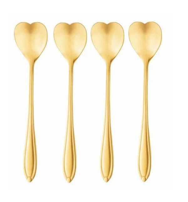 Cj 4 Colheres Aço Inox P/ Chá Heart Dourado