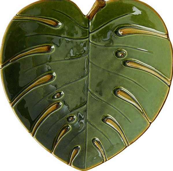 Prato Decorativo de Cerâmica Costela de Adão Leaf Verde 22x22x3,5 cm - Lyor