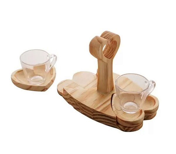 Cj 2 Xícaras Café C/ Pires e Suporte Madeira Pinus 75ml - Woodart