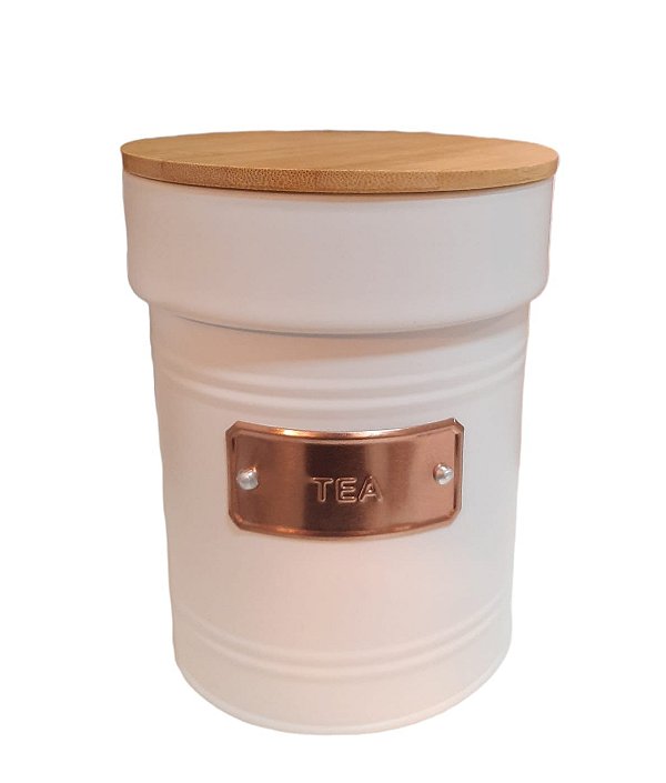 Pote Mantimento Metal TEA Com Tampa Bambu Branco Com Rosé