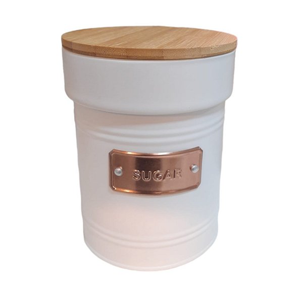 Pote Mantimento Metal SUGAR Com Tampa Bambu Branco com Rosé
