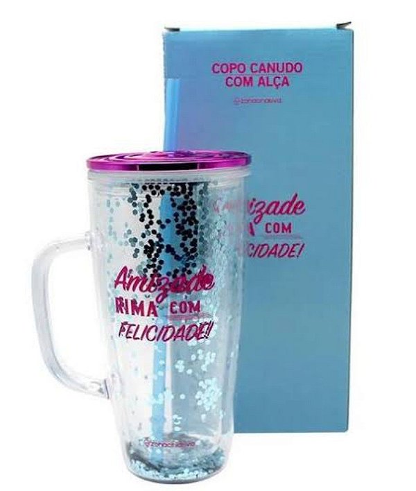 Copo Canudo Com Alça Amizade Rima Com Felicidade - 750ml