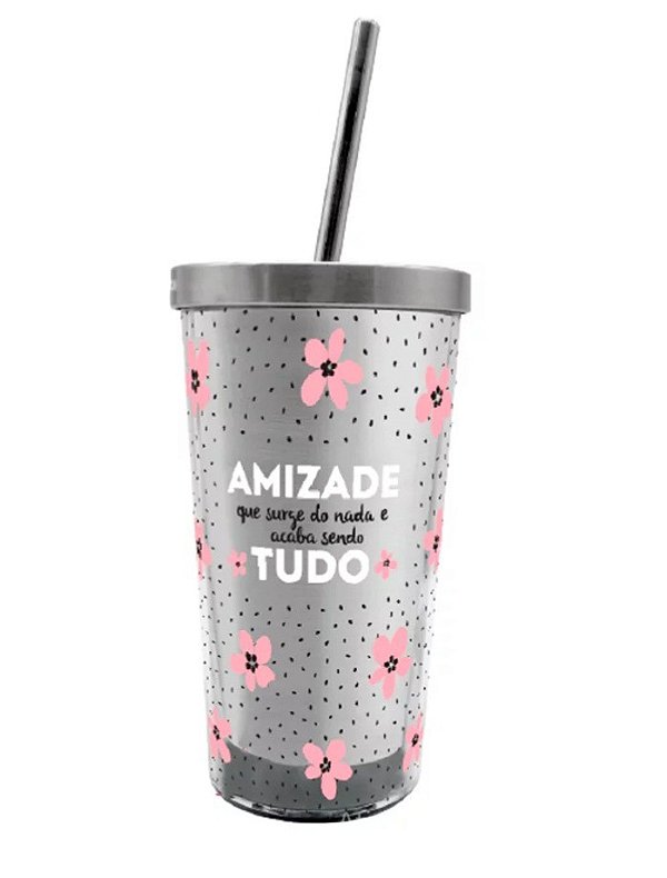 Copo Com Canudo Eco de Metal Amizade Que Surge - 450ml