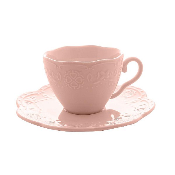 Cj 4 Xícaras Café Porcelana c/ Pires Butterfly Rosa 120ml - Bon Gourmet