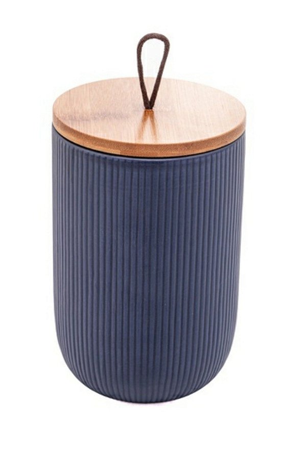 Potiche De Cerâmica Decorativa C/ Tampa Em Bambu e Pegador de Corda Lines Azul Marinho 10x10x15cm