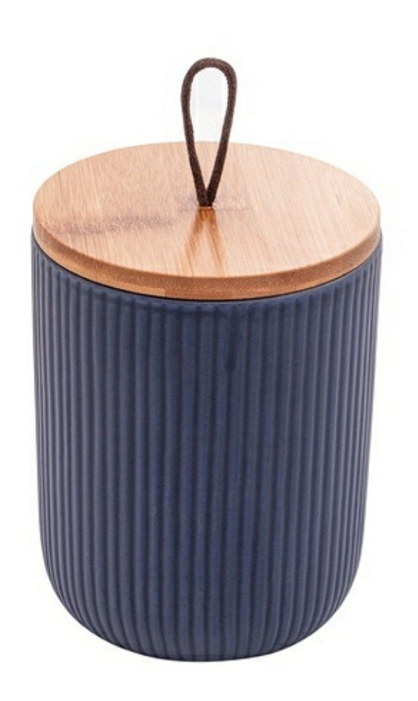 Potiche de Cerâmica Decorativo C/ Tampa em Bambu e Pegador de Corda Lines Azul Marinho 10x10x12,5cm