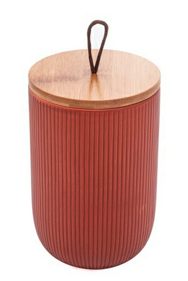 Potiche de Cerâmica Decorativo C/ Tampa em Bambu e Pegador de Corda Lines Terracota  10x10x15cm