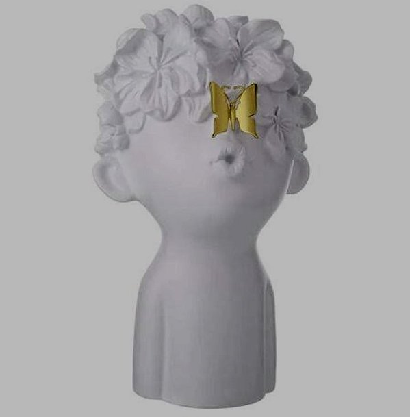 Escultura Menino Cinza c/ Borboleta Dourada - D&A
