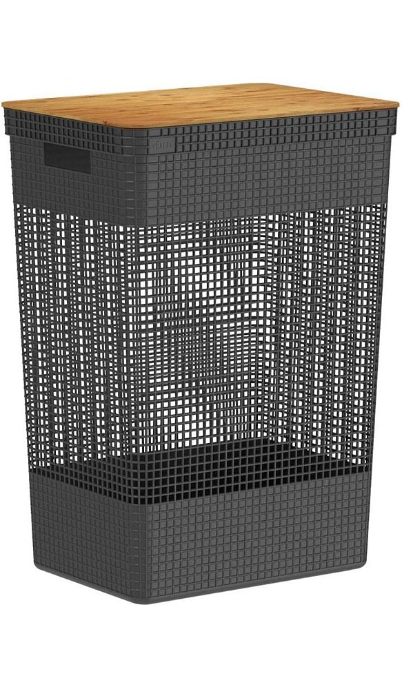 Cesto de Roupas Grid c/Tampa de Bambu 49L Preto OU