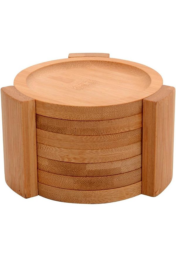 Porta Copos Redondo Com Suporte Bambu 7 Peças Ecokitchen