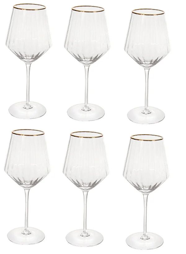 Cj 06 Taça Vinho Canelado c/Borda Dourada 520ml