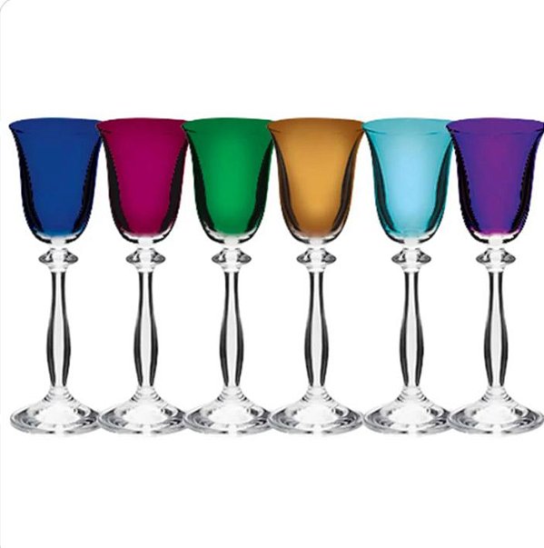 Cj de 6 Taças Para Licor Angela Colorida em Cristal Ecológico 60ml A17cm Colorido