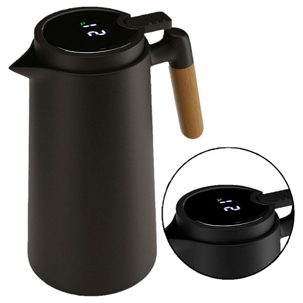 Garrafa Térmica c/ Termômetro Digital c/ Cabo de Madeira Elegantia Preto 1L