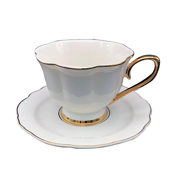 Cj 8 Peças para Chá em New Bone China com Borda Dourada 240ml Cor Branca