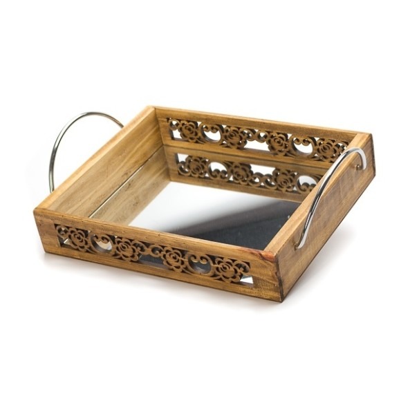 Bandeja Espelhada Rosas Alça Cromada M Pinus Luxo