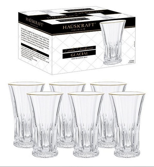 Cj 6 Copos Altos Glacial c/ Borda Dourada 265ml