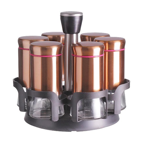 Porta Condimentos Giratório c/ 6 potes Vidro Inox