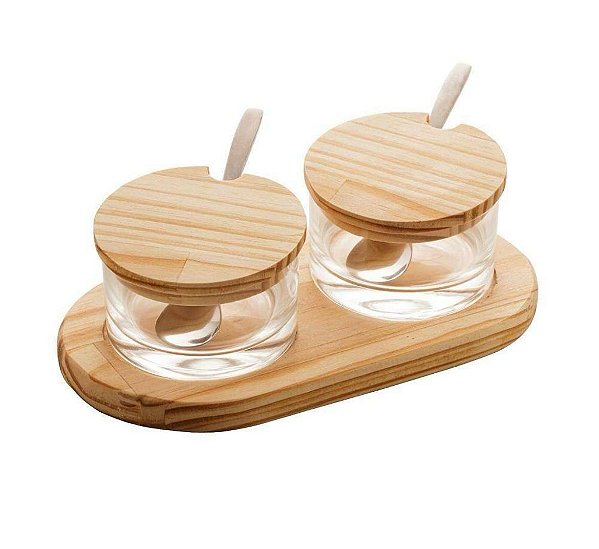 Cj 2 Açucareiros com Suporte Madeira Pinus 24x13x7cm
