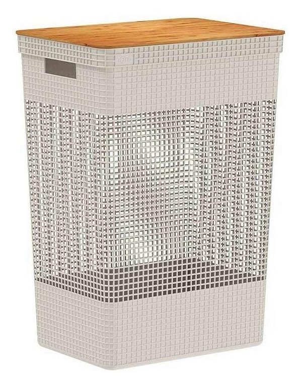 Cesto de Roupas Grid c/Tampa de Bambu 49L Branco OU