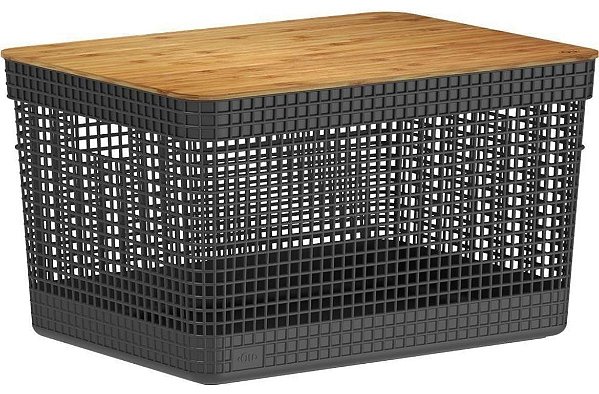 Cesto Organizador Grid 20L c/ Tampa de Bambu Preto