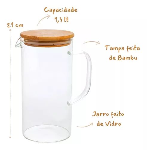 Jarra Vidro Borossilicato com Tampa Bambu - 1300ml