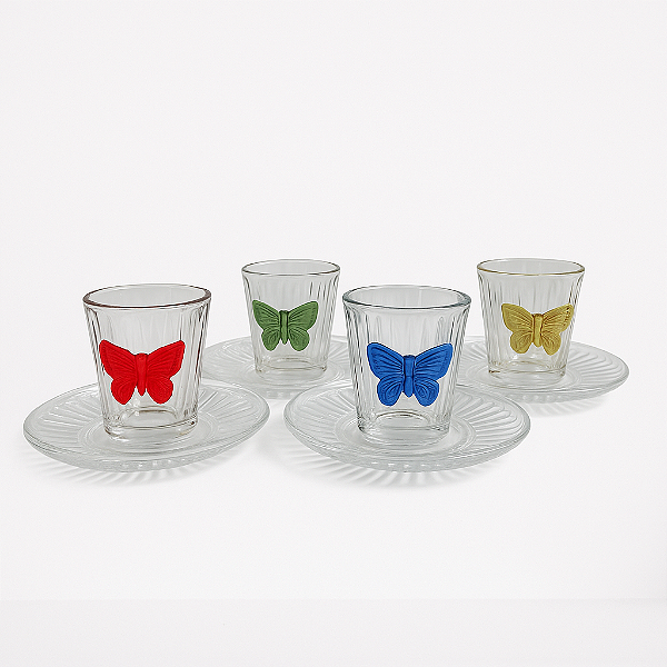 Jogo de 8 peças para café Papillon em cristal ecológico com alça borboleta colorida