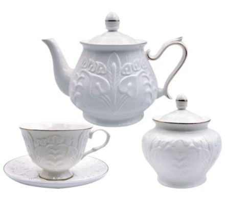 Jogo de 14 peças para chá em new bone china branco e dourado