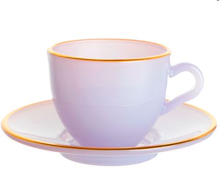 Jogo de xícaras de vidro para café Matte lilás com borda dourada com pires 85 ml 08 peças