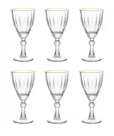 Conjunto de 6 Taças para Água e Vinho Transparente com Borda Dourada 275ml Premium