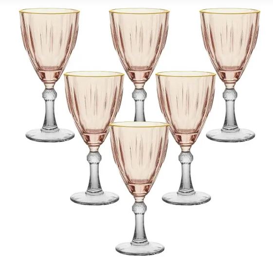 Jogo de Taças De Vidro Rosa Dominic 6 Peças Para Água e Vinho