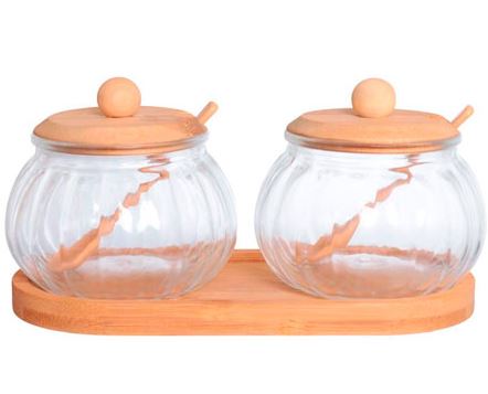 Jogo saleiro e açucareiro de vidro Doraine tampa de bambu 05 peças