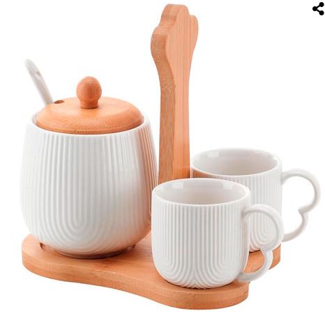 Jogo de xícaras em cerâmica de café Oasis suporte bambu branco 90 ml 05 peças