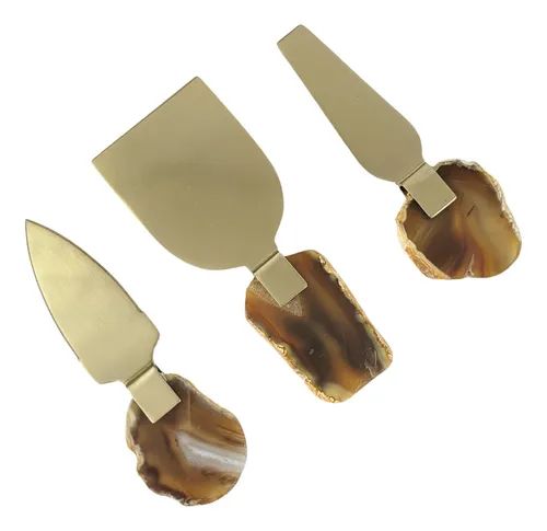 Conjunto 3 Facas Queijo Aço Inox Dourado Ágata