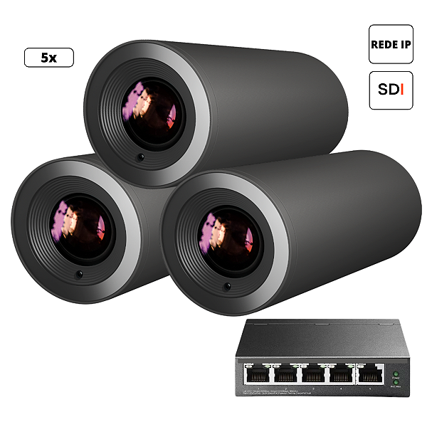 Kit Podcast 4k - 3 Câmeras 4K 5X Bloco + 1 Switch Poe 5 portas